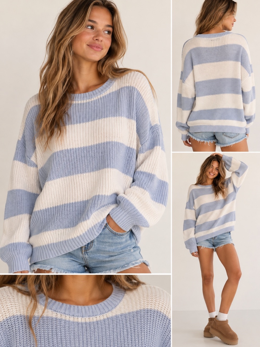 Hollister Women’s L Oversized Striped Chunky Knit Sweater Blue Cream